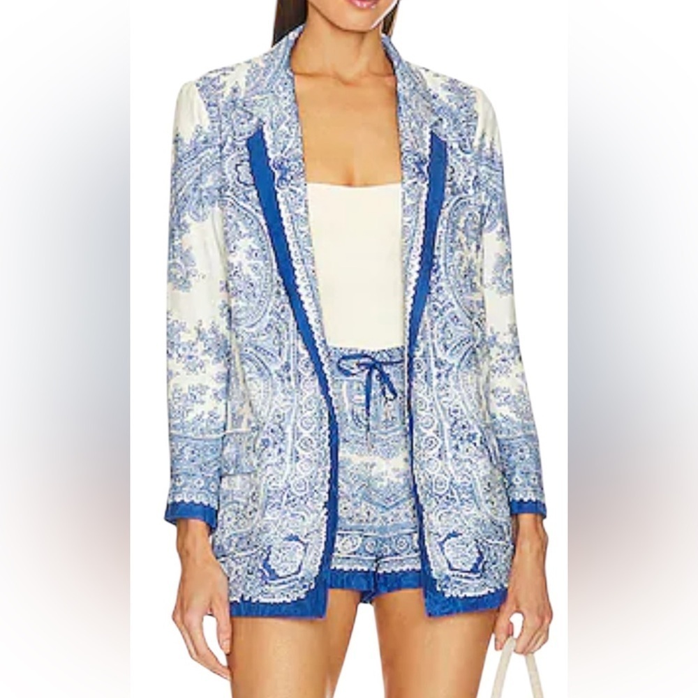 All Saints Blue and White Paisley Jacket and Shorts Set Size 2.